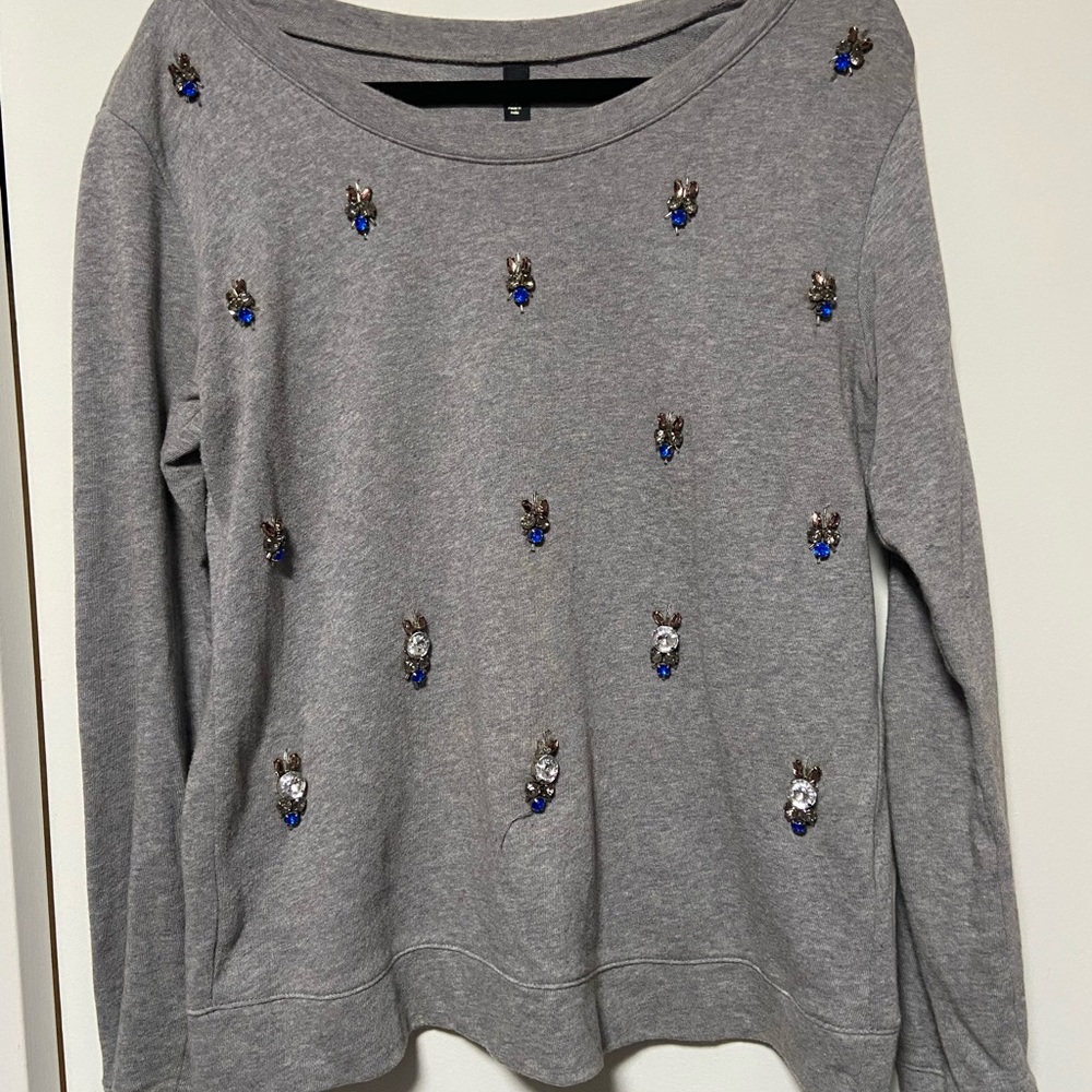 Jessica Simpson Grey Bejeweled Crew Neck Sweater - Size M